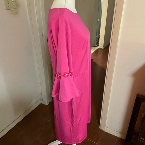 Misslook Pink Midi Dress Size knit spandex bell floral beaded sleeves size 14 - Picture 7 of 16